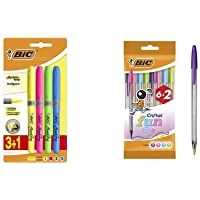 BIC Highlighter Grip Marcadores Punta Biselada - Surtidos- Blíster de 3+1 + Cristal Fun Bolígrafos Punta Ancha (1-6 mm…